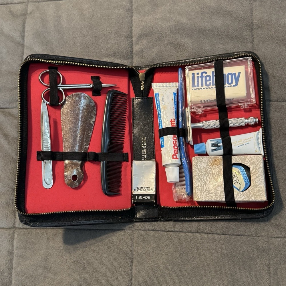 Vintage Dopp Men's Black Leather Travel Grooming Kit Case